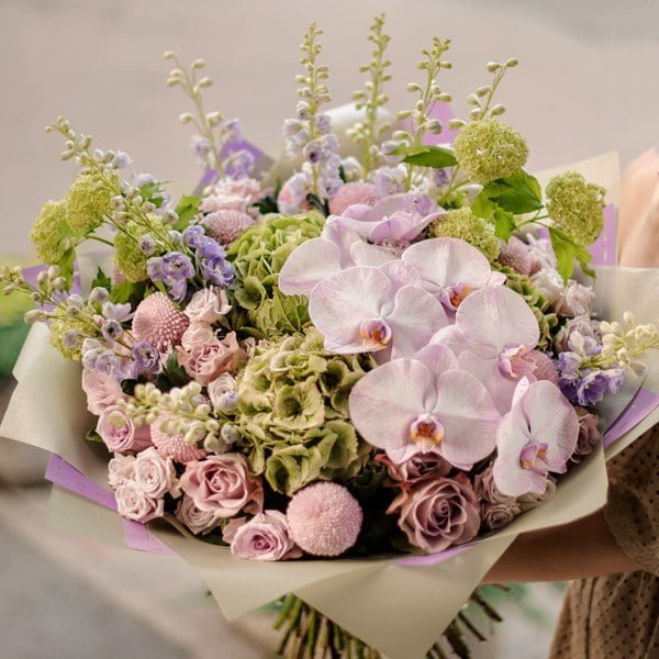 Orchid Delphinium Viburnum Disbuds Bouquet by Posy Floral Design